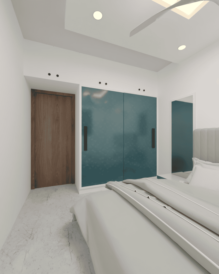 Contemporary bedroom with minimalist design, sleek blue wardrobe and modern lighting.