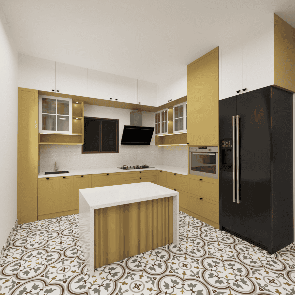 Vintage modern kitchen with yellow cabinetry and black appliances, elegant interior design.