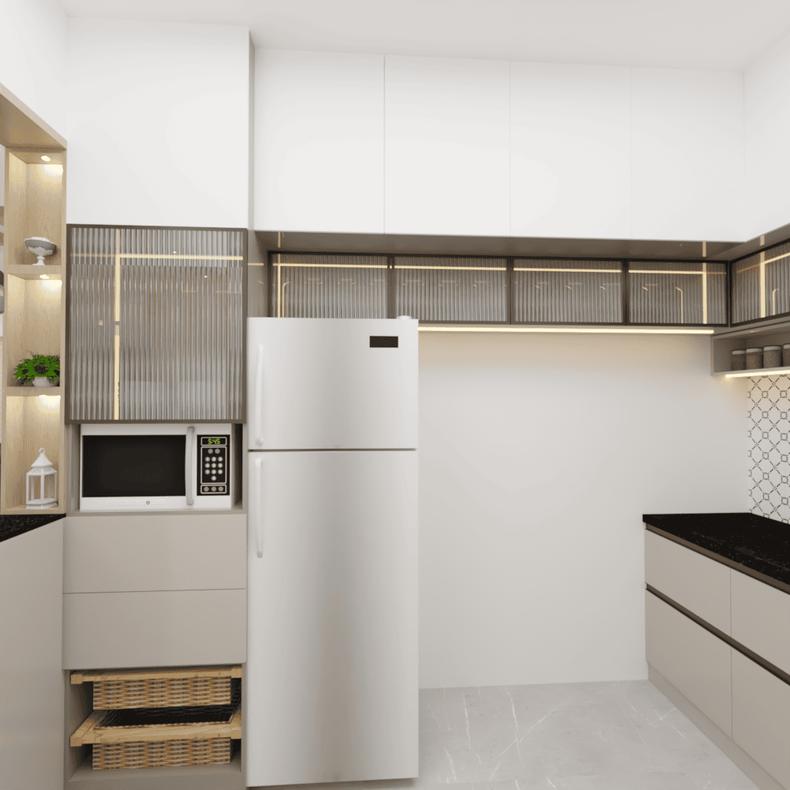 Sleek modern kitchen interior with minimalist white cabinetry and black countertops.