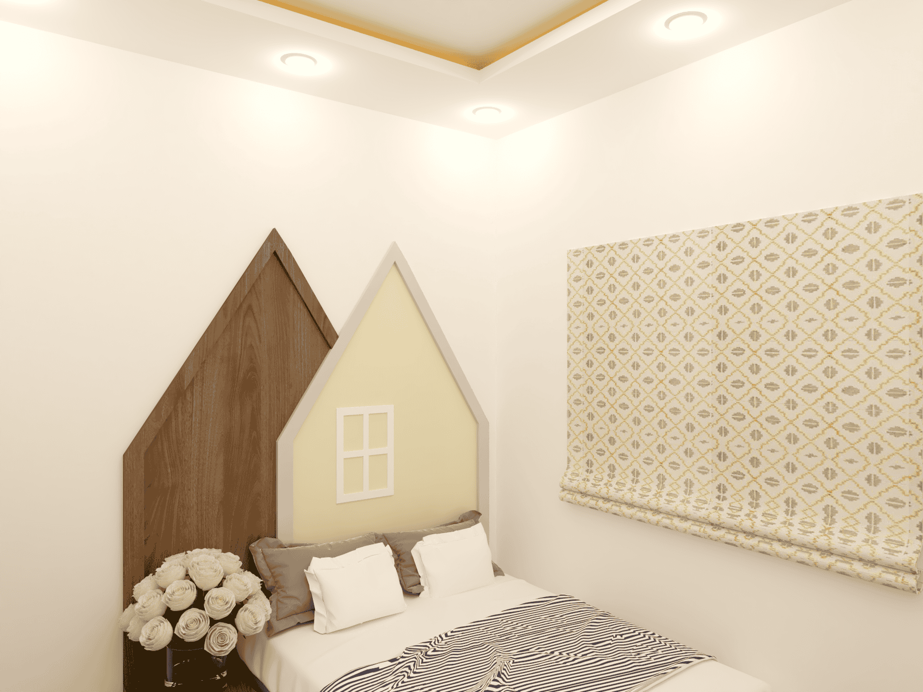 Modern bedroom interior design with unique geometric wall accents and elegant window treatments.